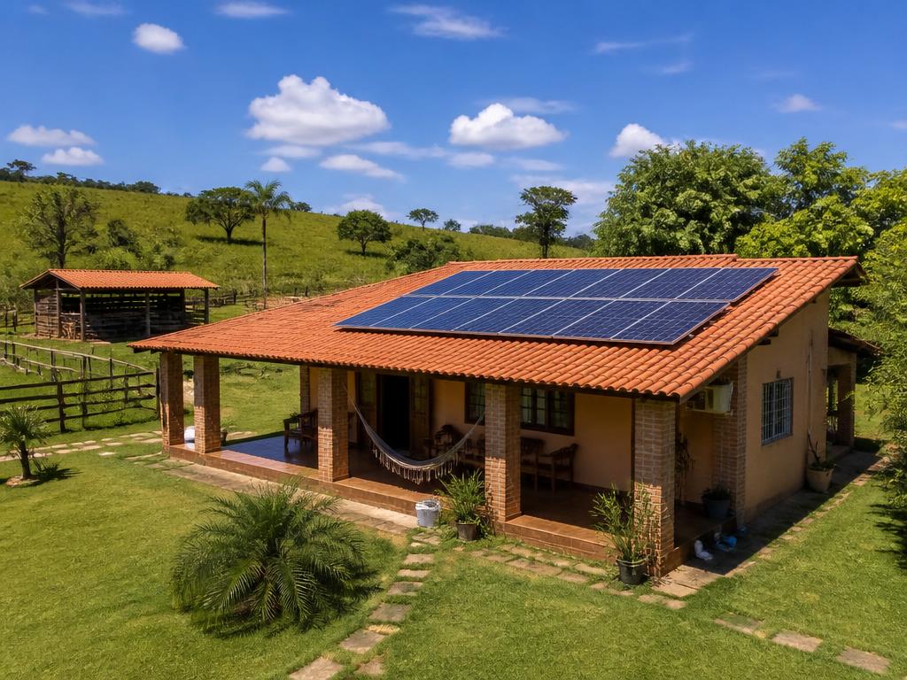 Casa de sítio com painéis solares no telhado, exemplo acessível para pequenos proprietários rurais