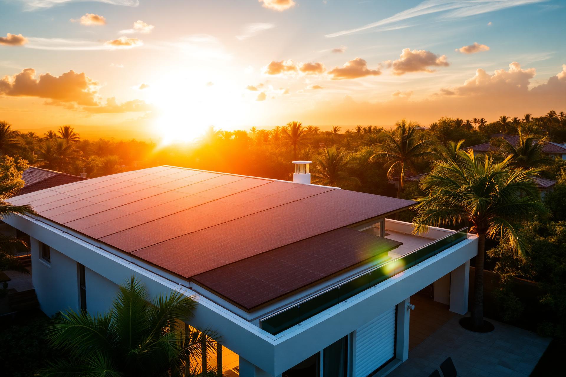 Casa com painéis solares ao pôr do sol